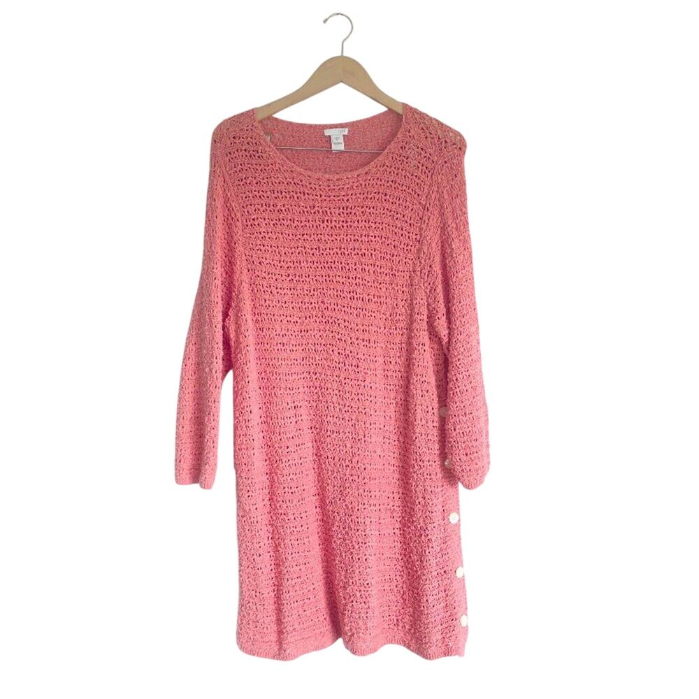 J. Jill XL 100% Cotton Crochet Knit Tunic Sweater Coral Pink Side Button Top